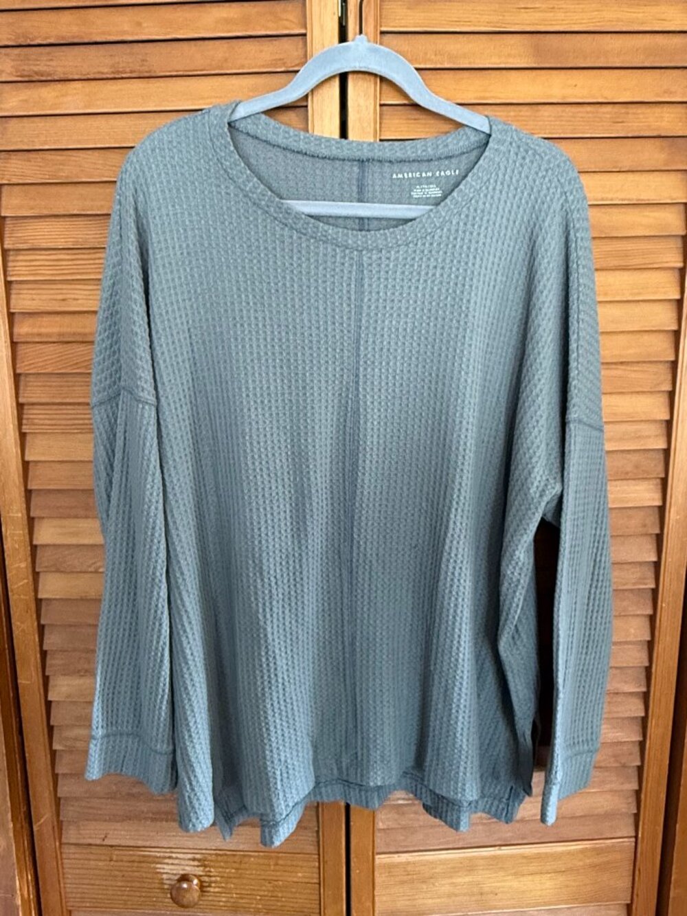 American Eagle Green Waffle Crewneck Top